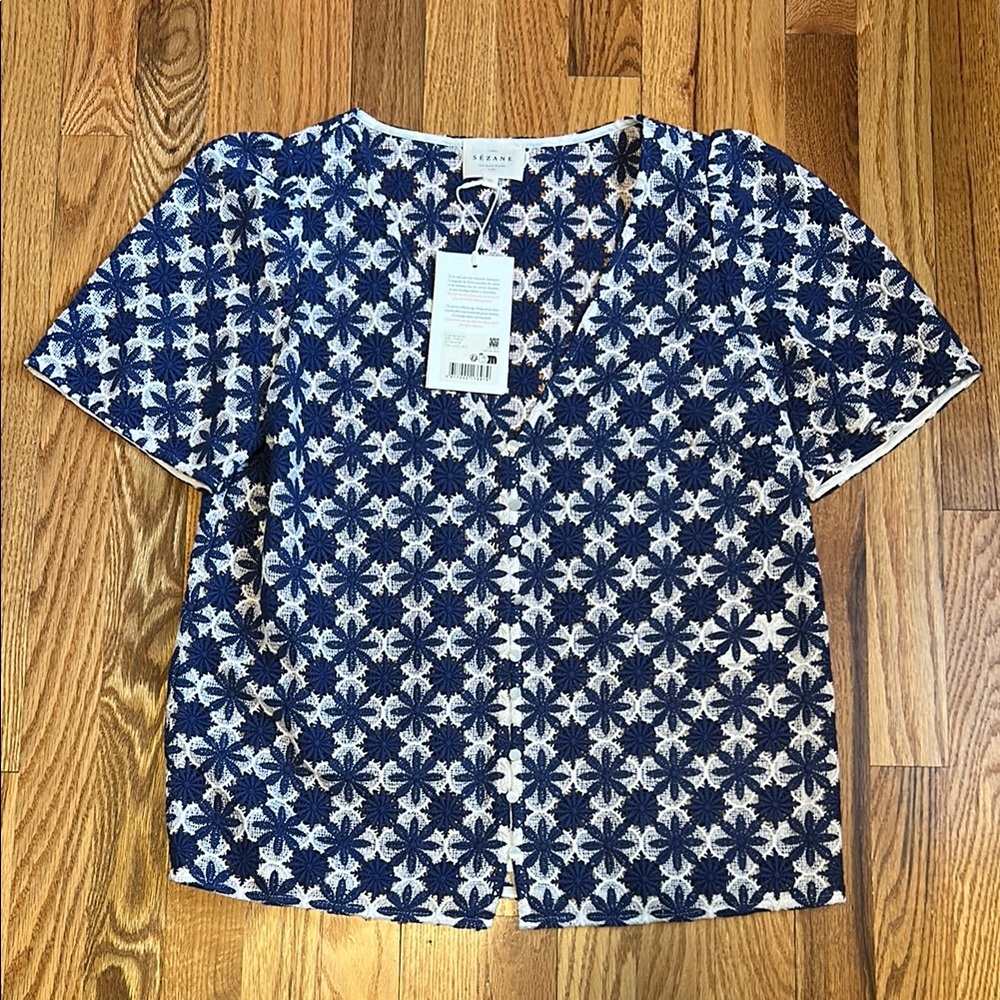 Sezane Blue and White Boxy Blouse with Peter Pan Collar